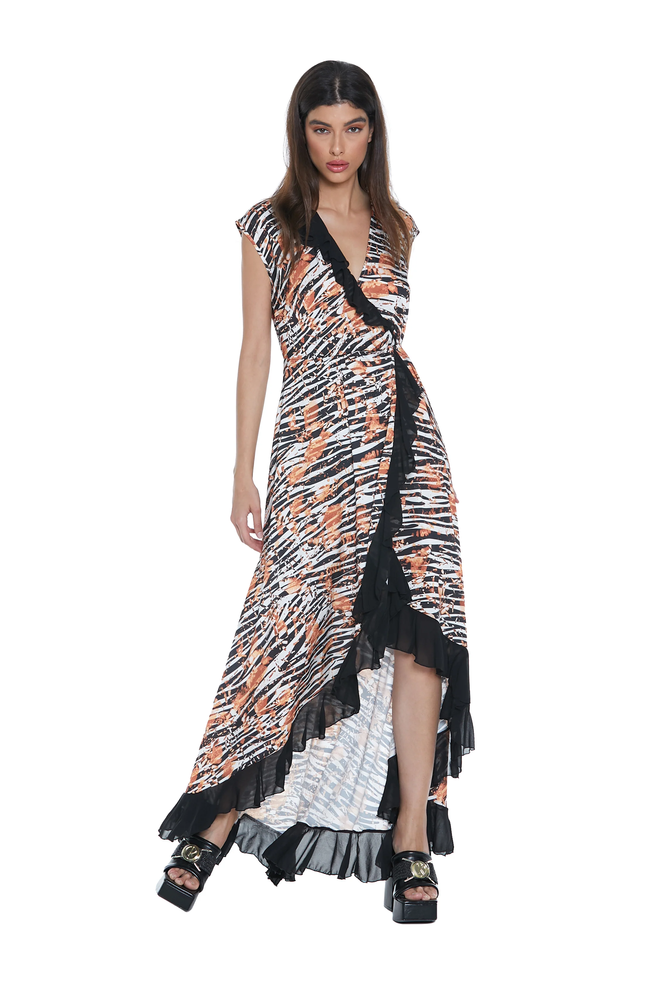 Abito AYAME lungo mezza manica aletta scollo incrocio più gonna profilo georgette - Image 3