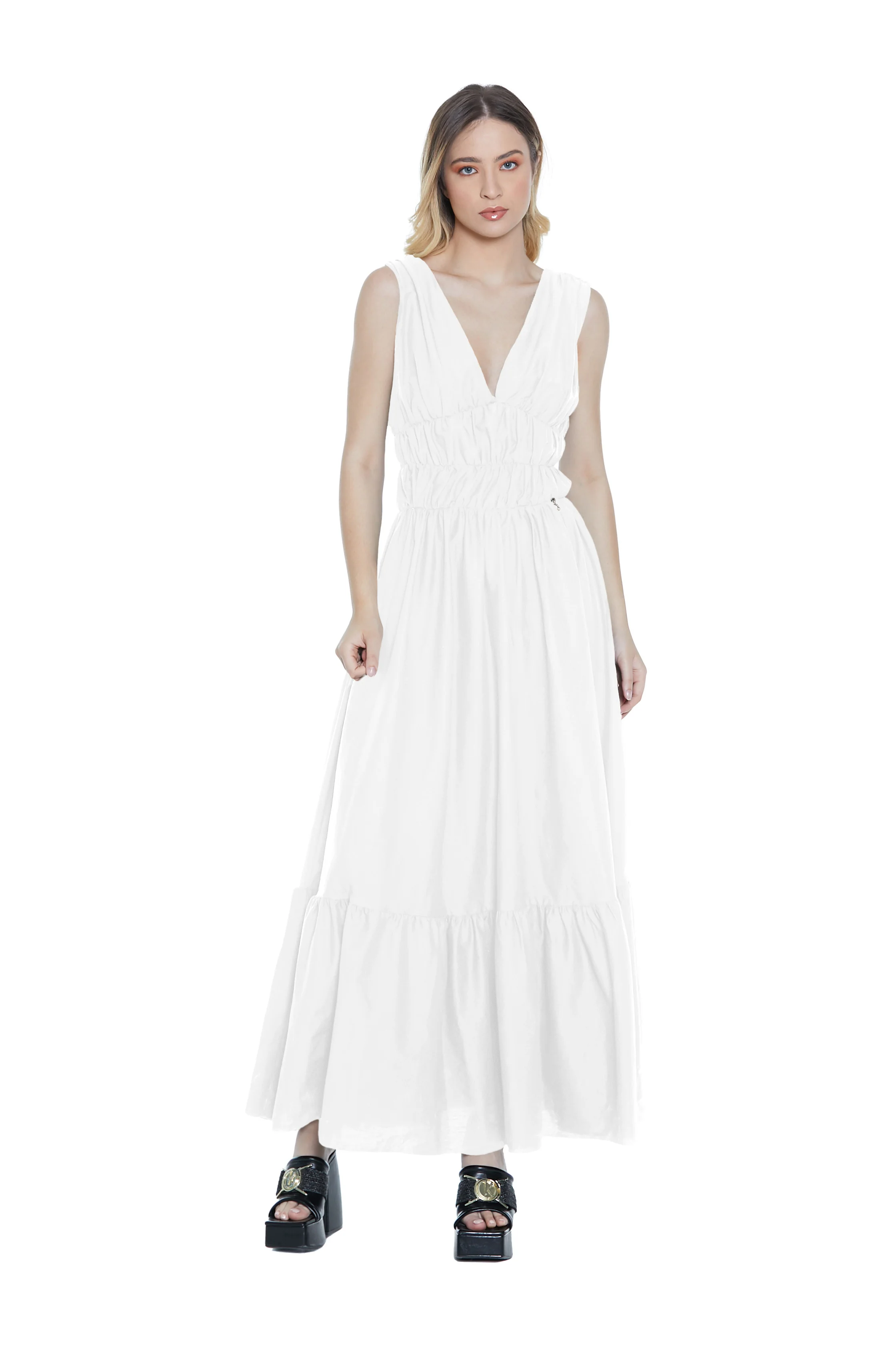 Abito BATEN lungo senza manica scollo v con balze - Image 3