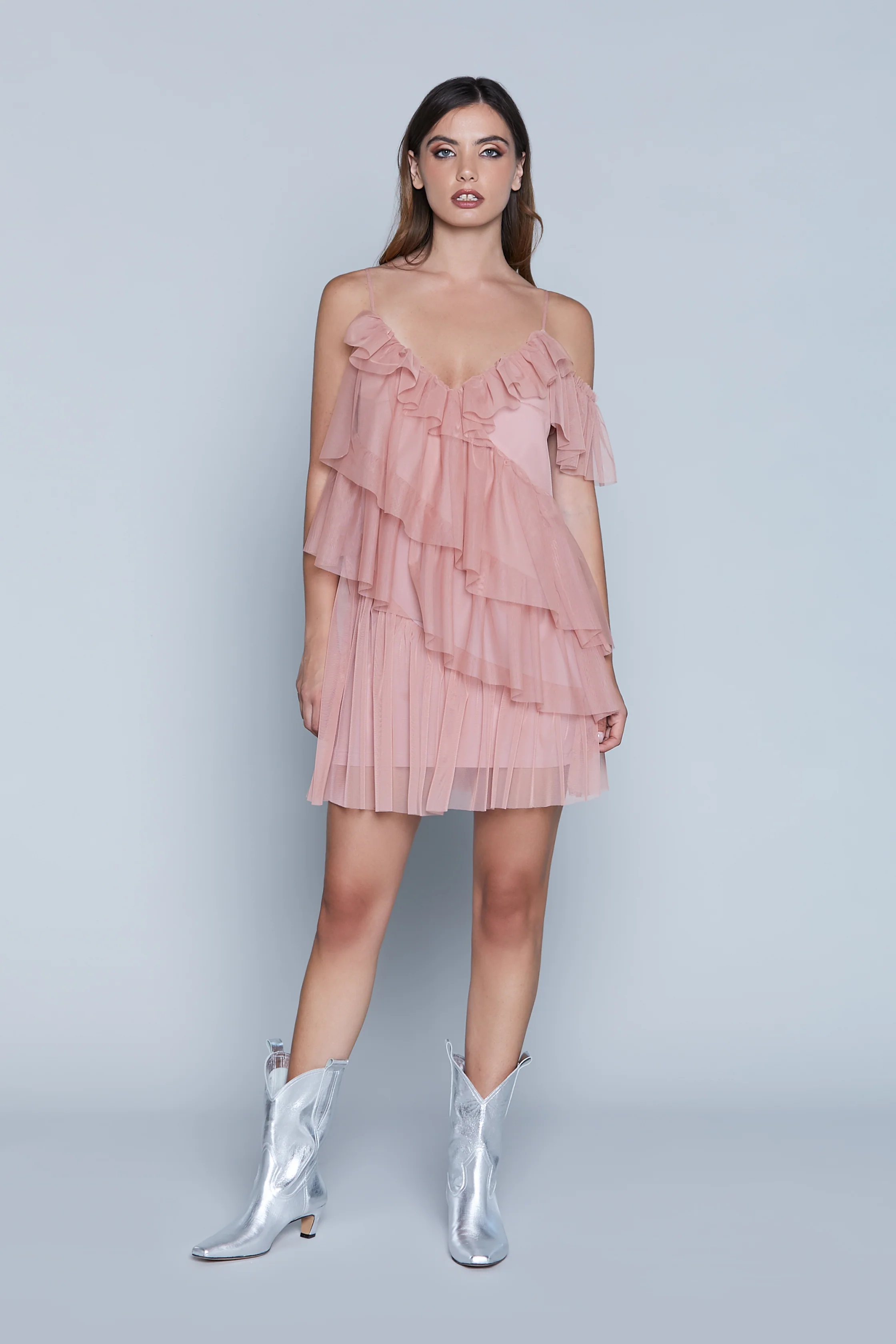 Abito DAFFODILS corto mezza manica monospalla con rouches più balze tulle - Image 4