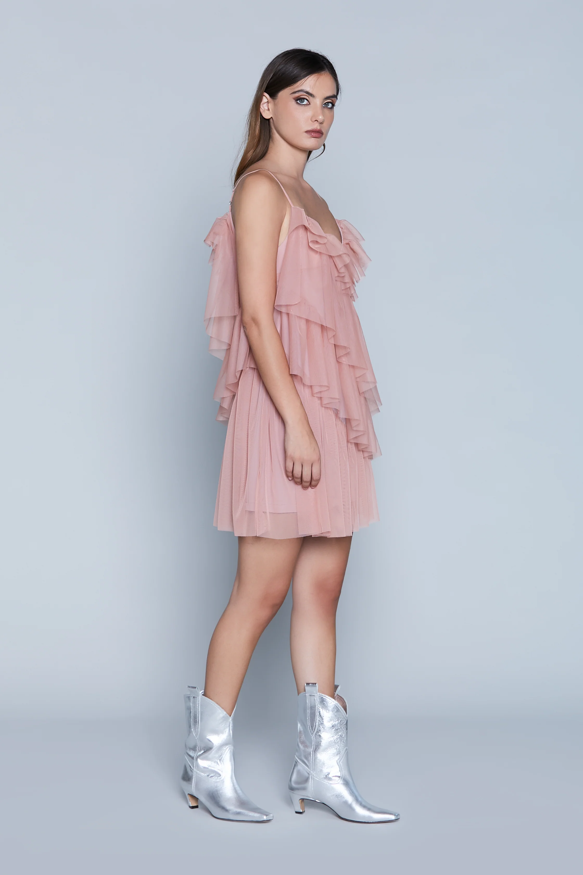 Abito DAFFODILS corto mezza manica monospalla con rouches più balze tulle - Image 5