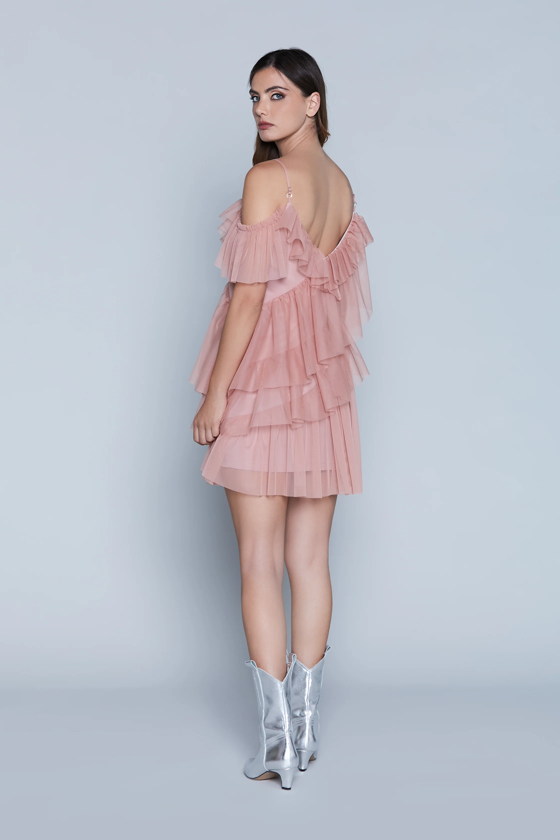 Abito DAFFODILS corto mezza manica monospalla con rouches più balze tulle - Image 6