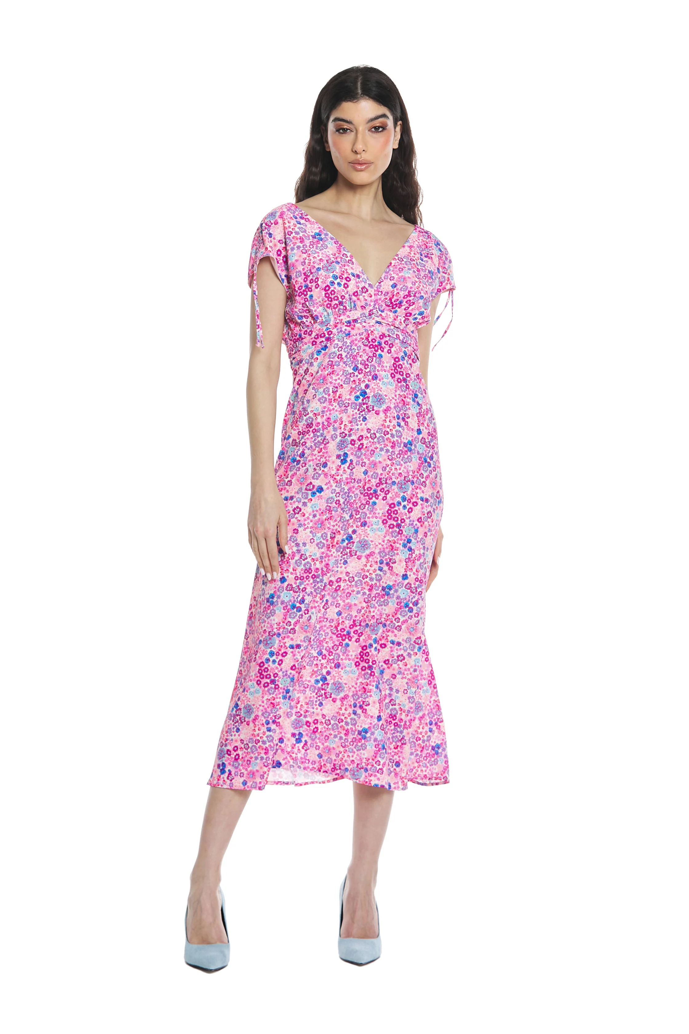 Abito GHAZI midi senza manica con coulisse doppio scollo v con pieghe fantasia  fiori - Image 4