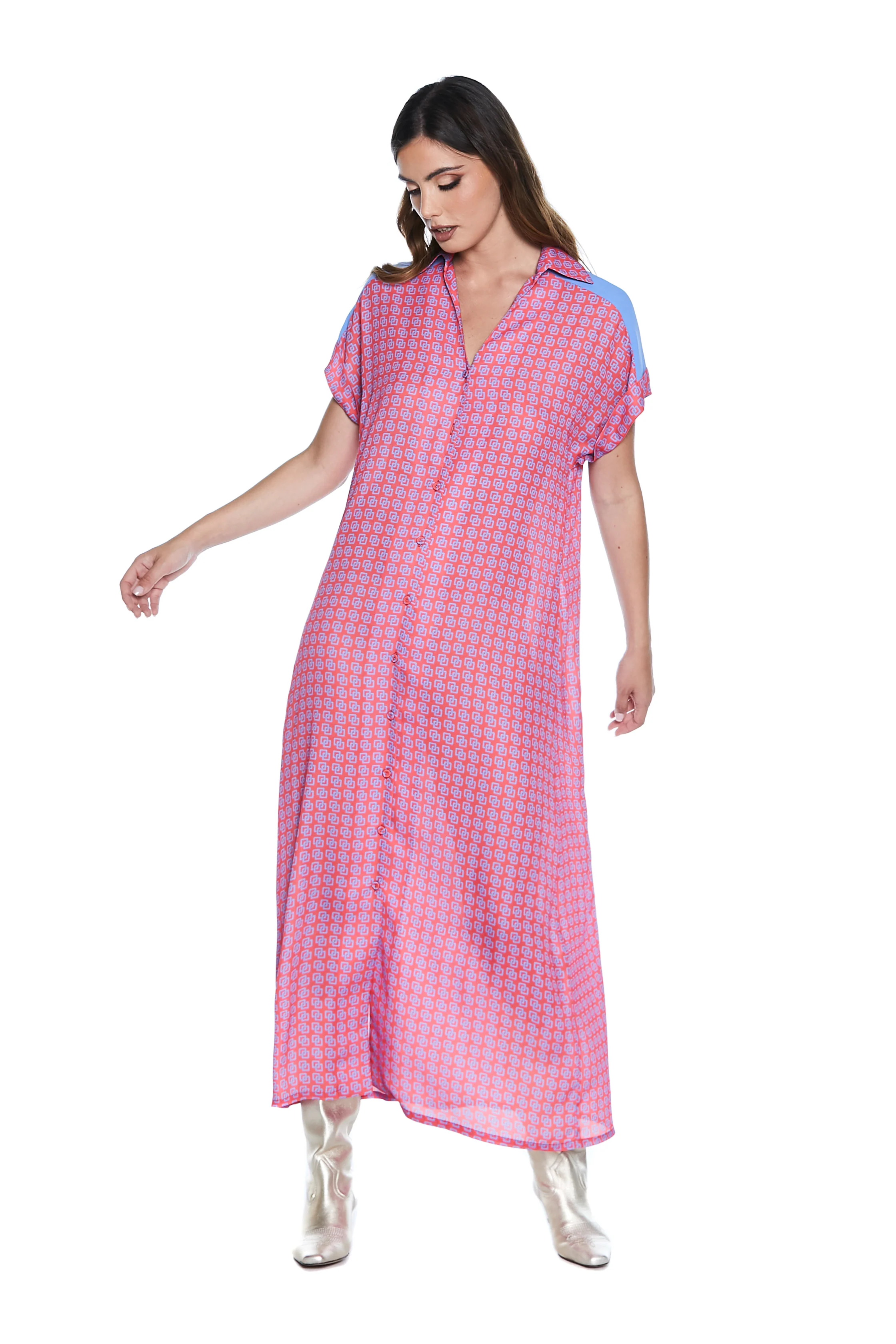 Abito LURGER lungo mezza manica con risvolto chemisier fantasia cravatta - Image 4