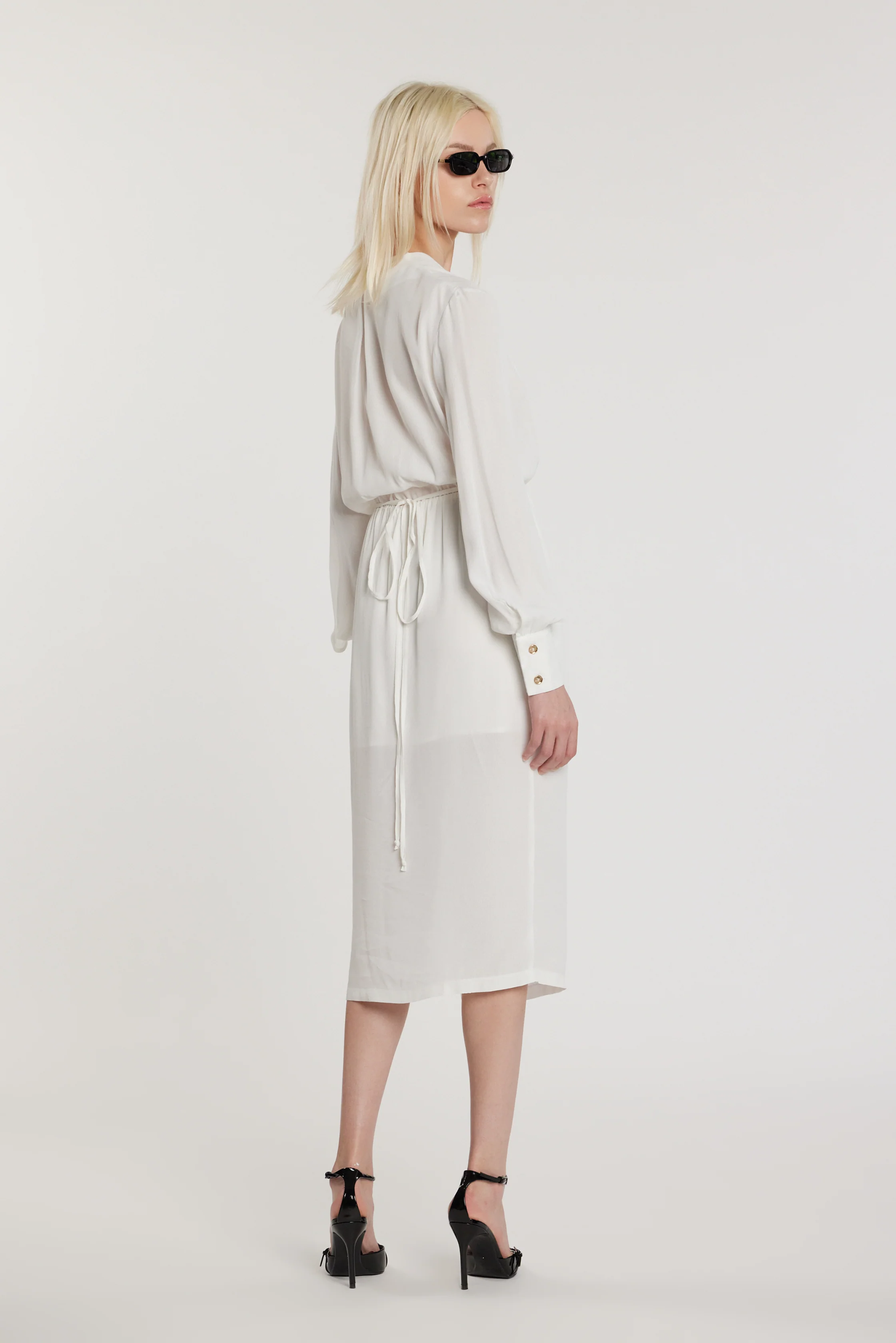 Abito MARTINEZ midi maniche lunghe con stringhe scollo più elastico più cintura più spacco - Image 3