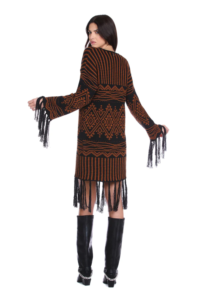 Abito PATERK corto manica lunga con frange al fondo jacquard multi disegno - Image 3