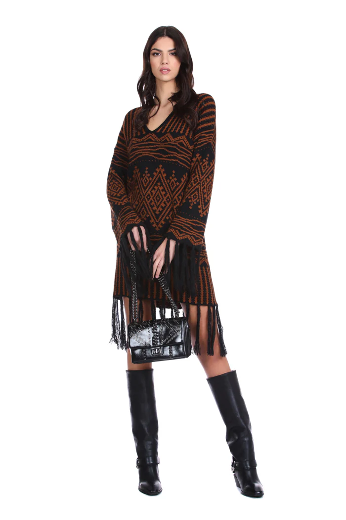Abito PATERK corto manica lunga con frange al fondo jacquard multi disegno - Image 4