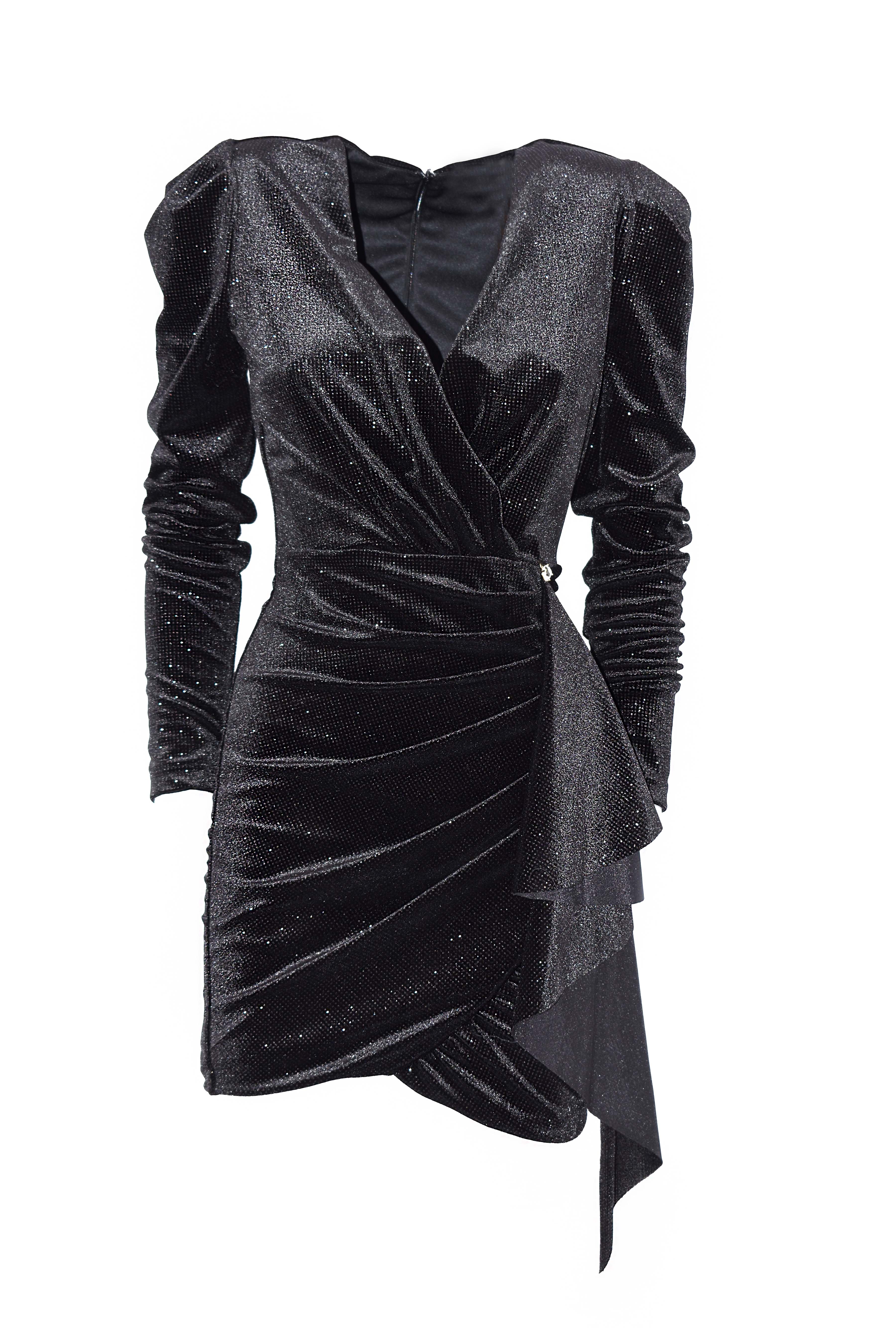 Abito SALVAS corto manica lunga scollo incrocio Gonna con gala più arricci - Image 4