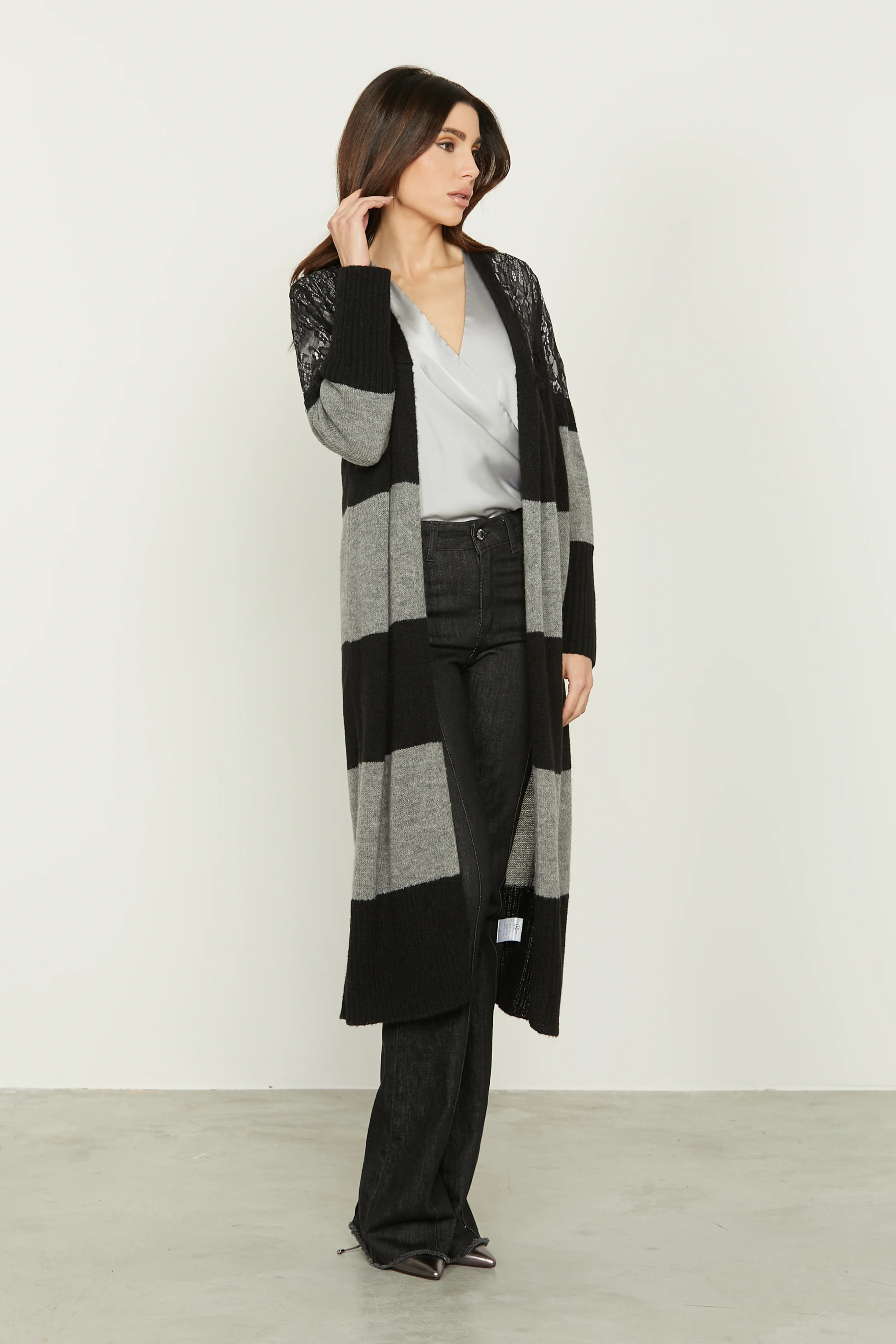 Cardigan GLORIAS lungo manica lunga con inserti pizzo righe - Image 3