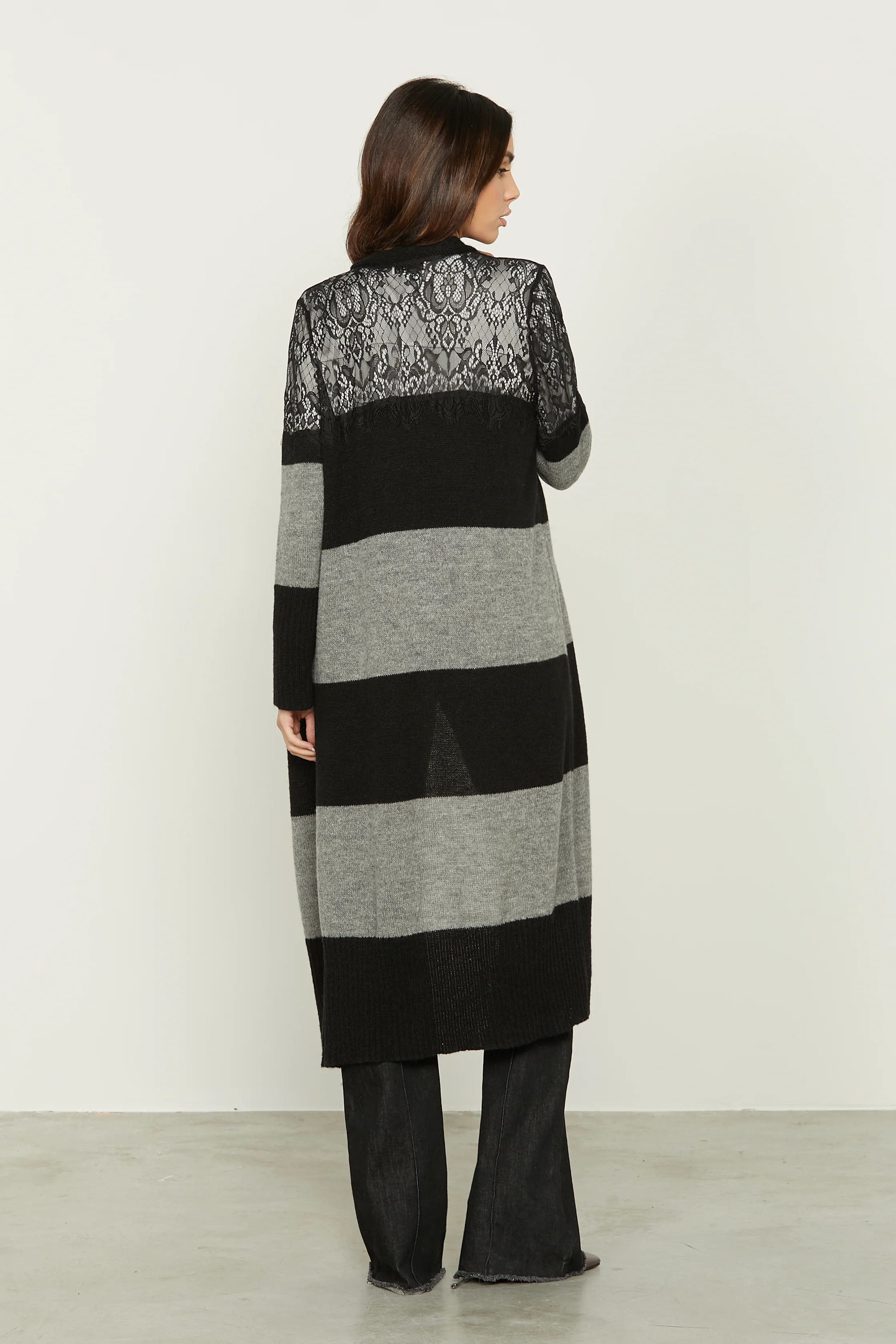 Cardigan GLORIAS lungo manica lunga con inserti pizzo righe - Image 4