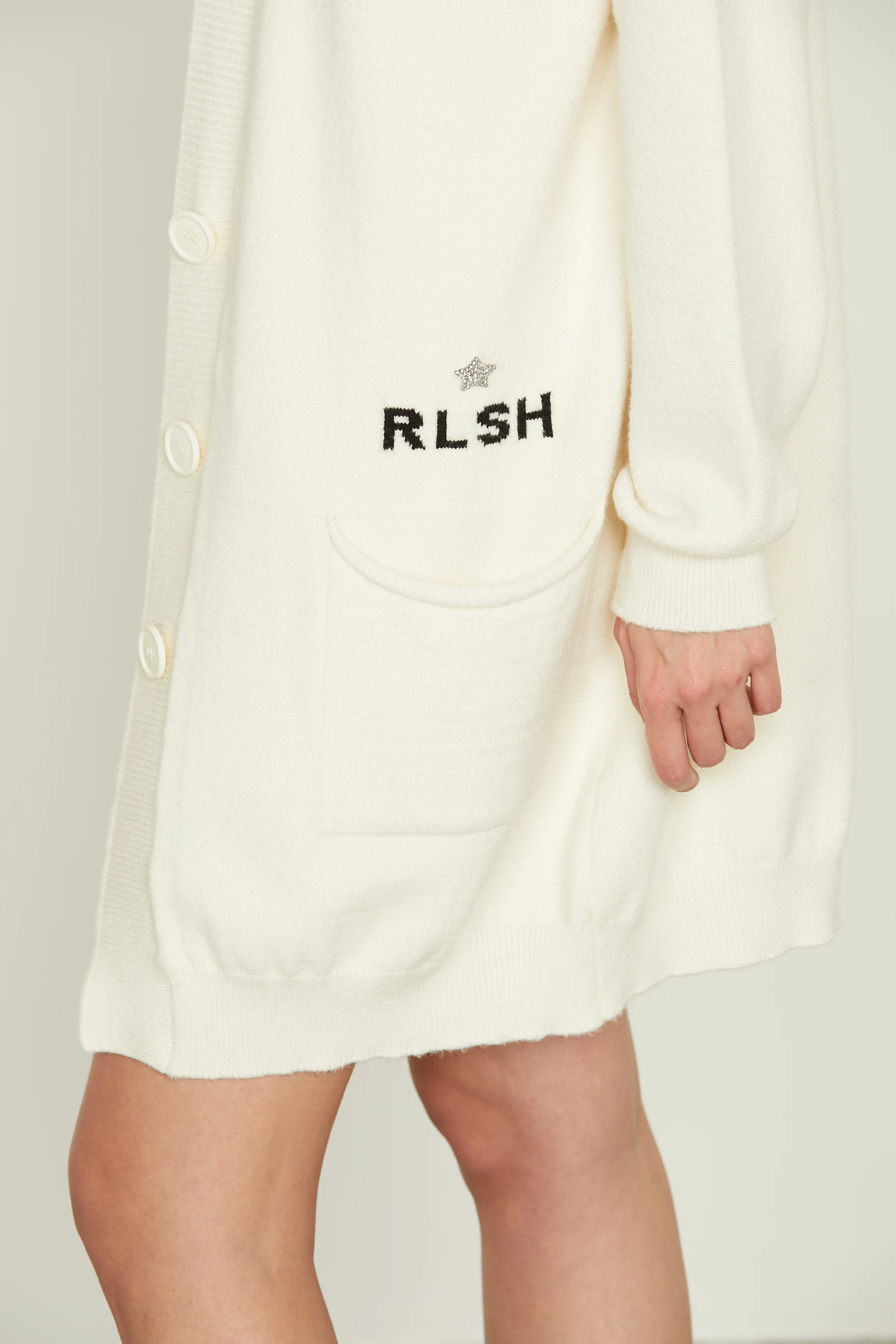 Cardigan LIBIA lungo manica lunga con tasche più jacquard logo più stella strass - Image 5