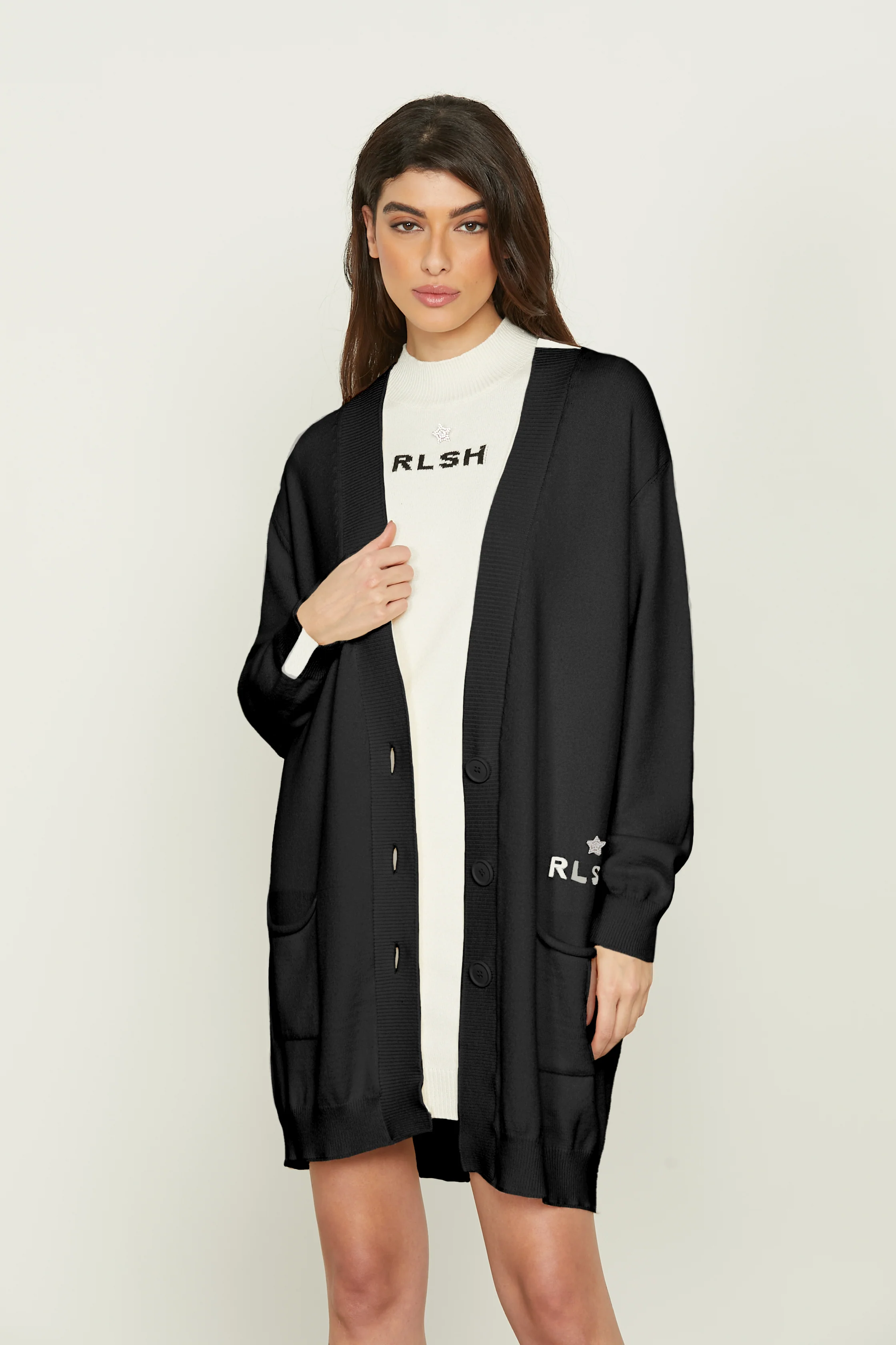 Cardigan LIBIA lungo manica lunga con tasche più jacquard logo più stella strass - Image 7