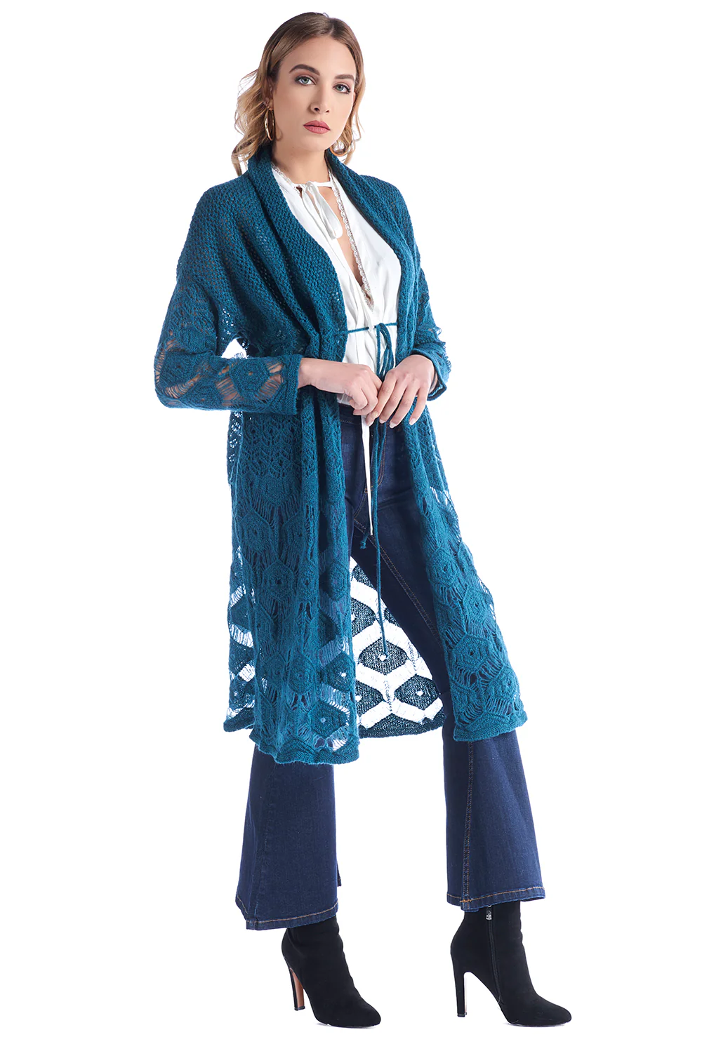 Cardigan lungo con coulisse in vita e punto traforo ISSOM - Image 5