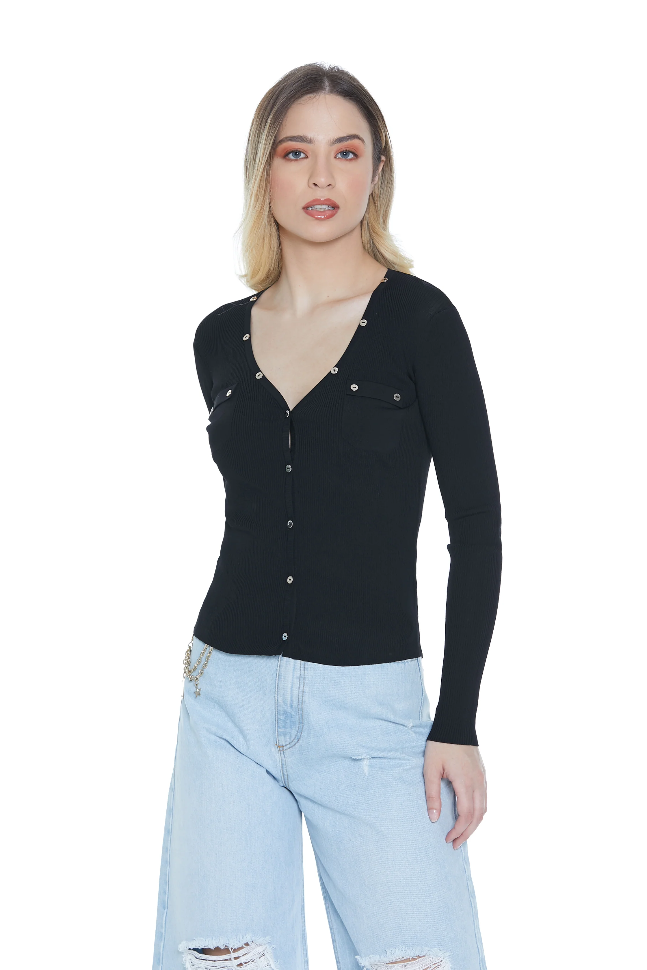 Cardigan MARKAB manica lunga con patte più bottoni costina - Image 6