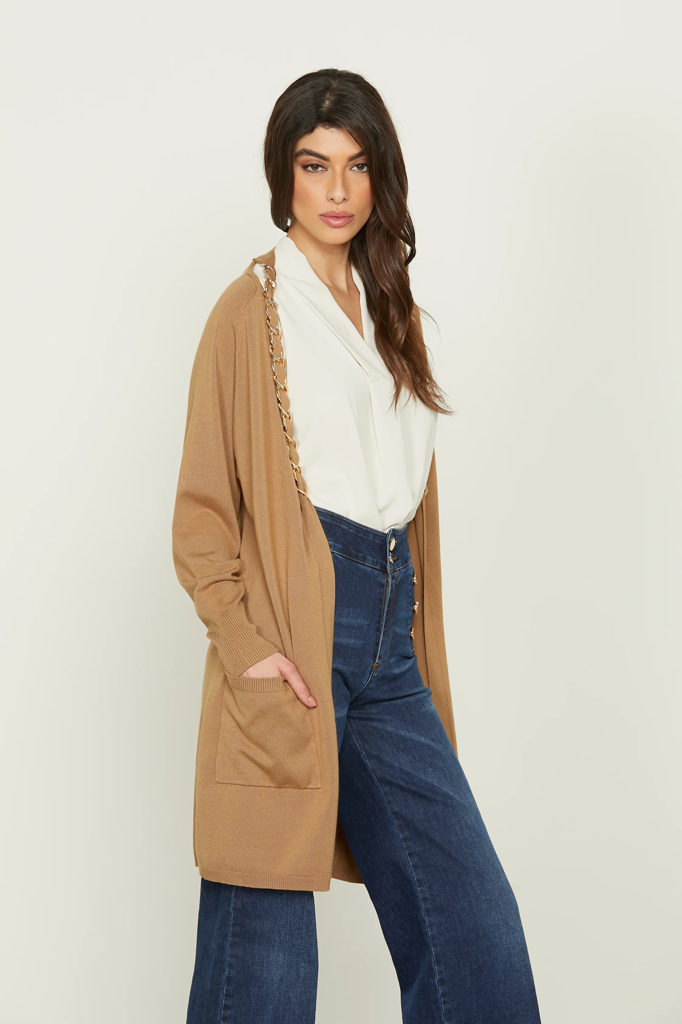 Cardigan MINERVA lungo manica lunga con tasche più inserto catene - Image 3