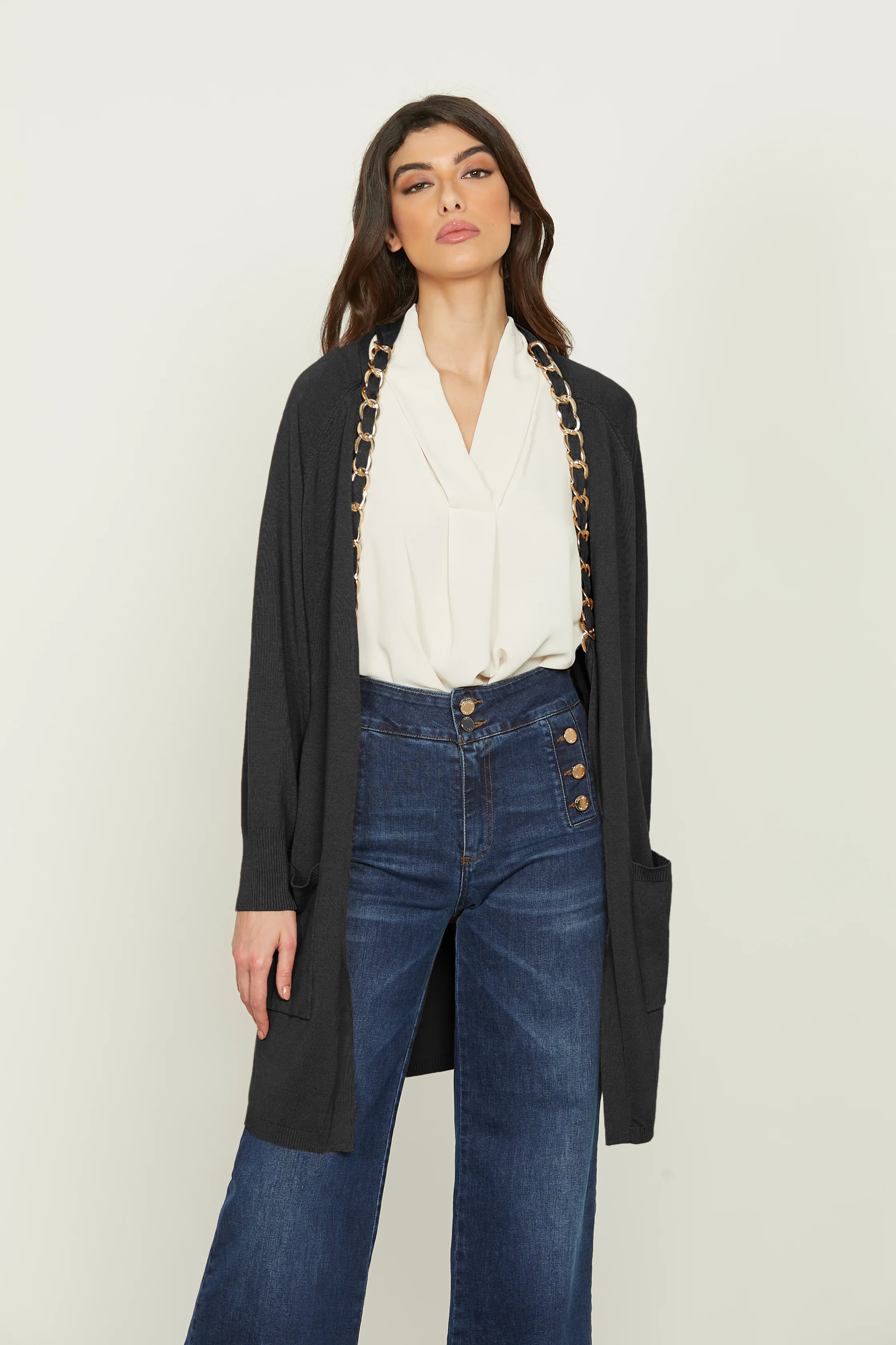 Cardigan MINERVA lungo manica lunga con tasche più inserto catene - Image 6