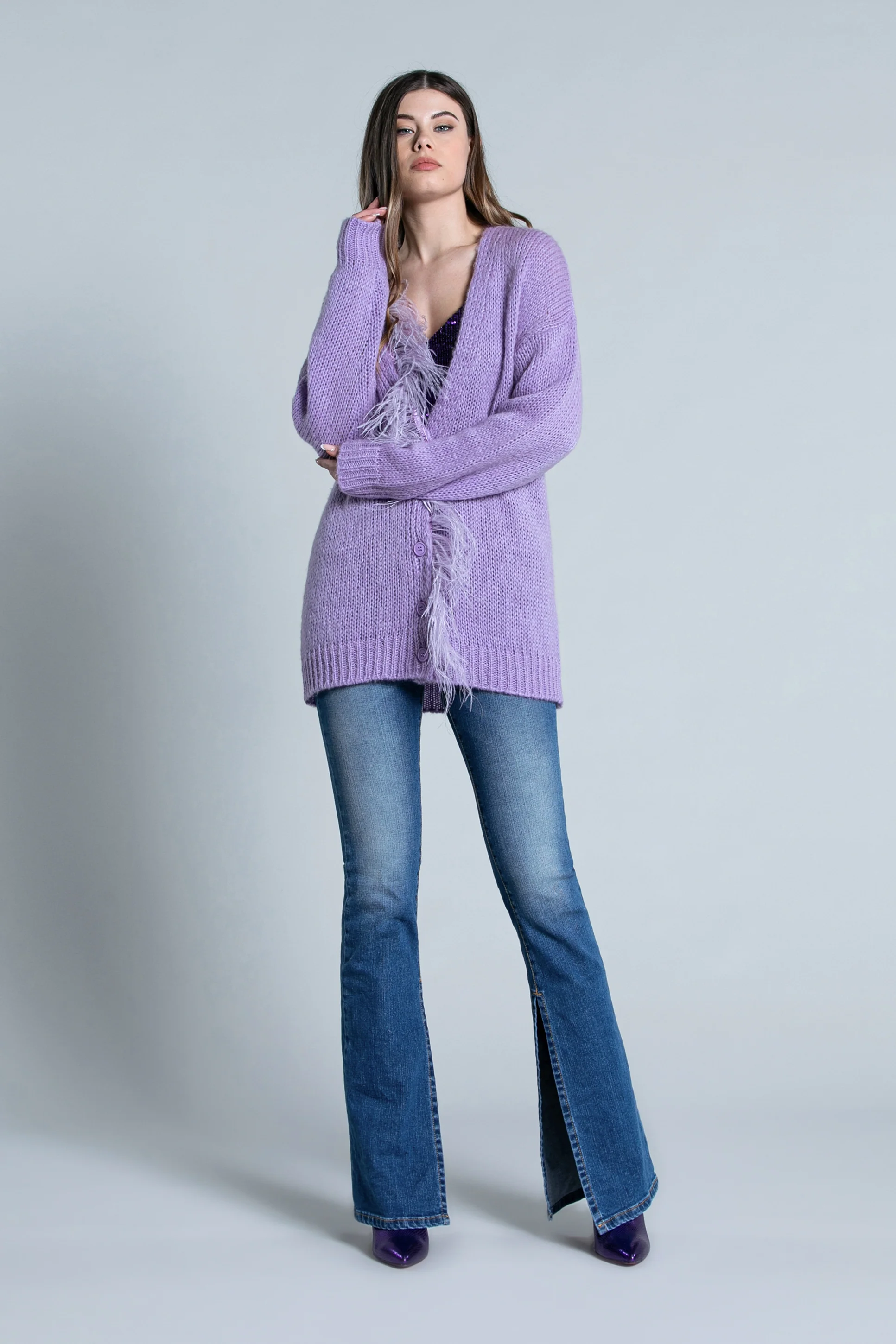 Cardigan SENZAV manica lunga con bottoni più profilo piume - Image 4